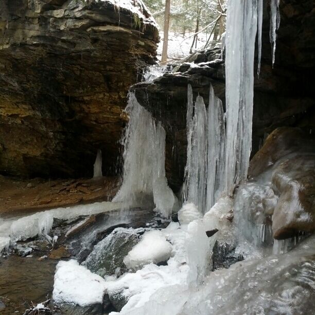 The frozen waterfall of the Frankfort Mineral Springs. The spring is located just below the former sight of a Victorian era health resort built in the 1800's. The hotel burned down in the late 1920's. The last of the buildings was mostly removed in 1972.
