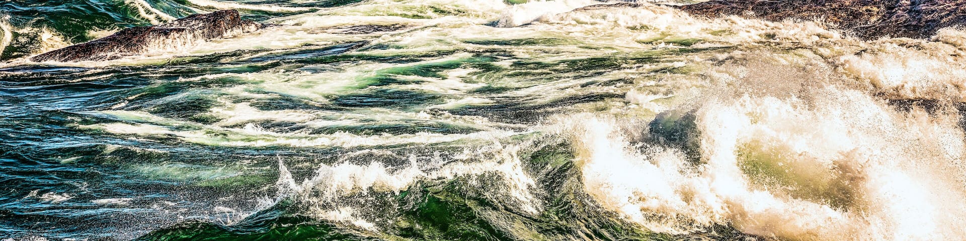 A coastal scene with turbulent waves, a rocky shoreline, and a forested cliff.