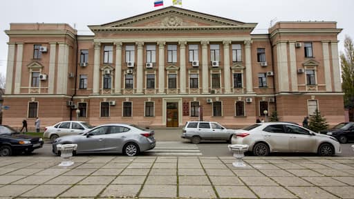 Mineralnye Vody, Russia. 11/14/2017. The White House of the Administration of the City of Mineralnye Vody, North Caucasus, the main building with columns