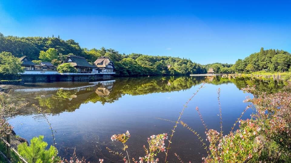 Hoshino Aomoriya lake and temple in Furumagiyama, Misawa, Aomori, Japan