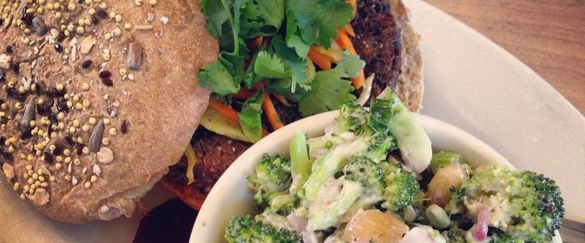 In the heart of Minneapolis Seward neighborhood, the Birchwood Cafe is breathtakingly delicious local, organic food. This is the quinoa and black bean burger, with broccoli. www.bradleyhanson.com