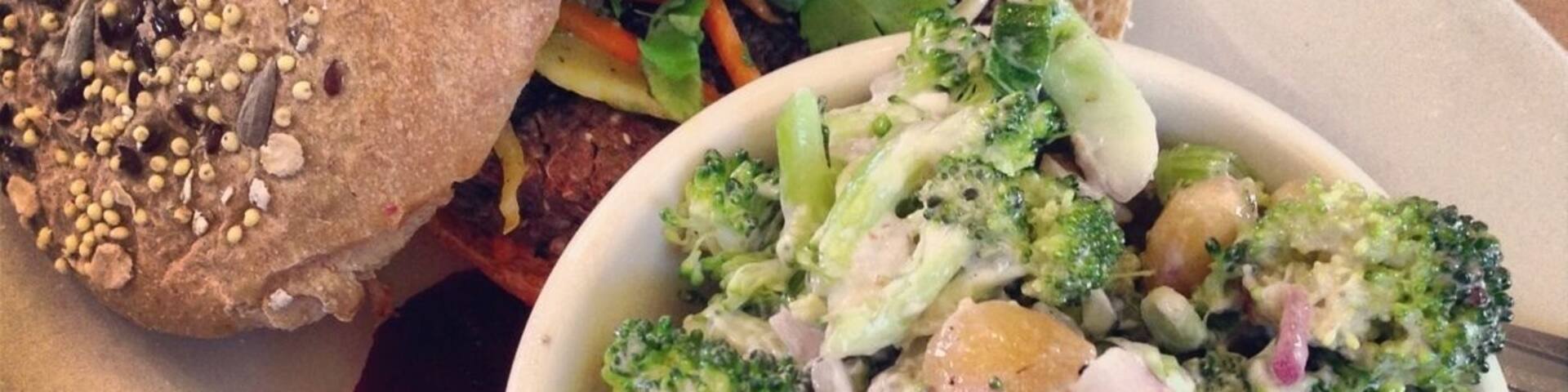 In the heart of Minneapolis Seward neighborhood, the Birchwood Cafe is breathtakingly delicious local, organic food. This is the quinoa and black bean burger, with broccoli. www.bradleyhanson.com