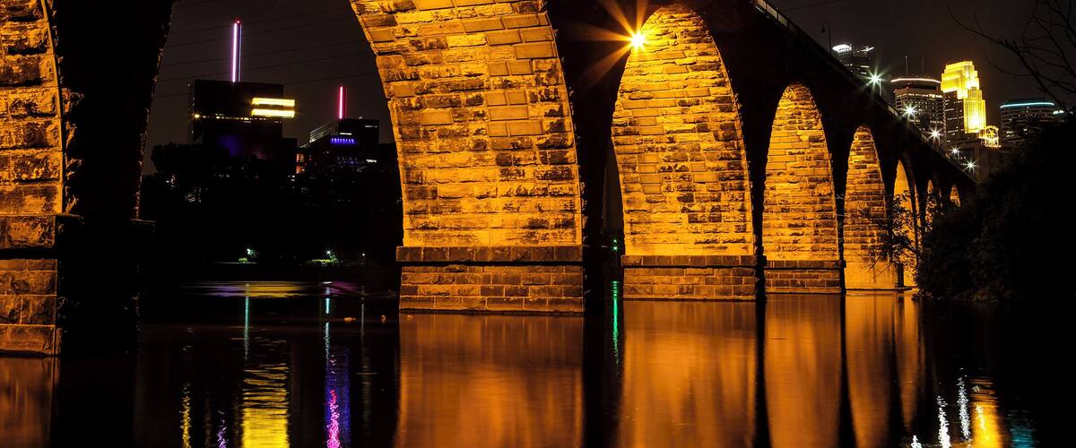 There are lots of places along the Mississippi to take photos of this iconic bridge in Minneapolis. But I loved this spot found by going down the stairs adjacent to the bridge in Father Hennepin Bluffs Park. You can see the Guthrie Theater through the arch on the left, and a bit of the city on the right.