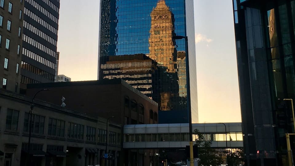 I love how the historic Foshay tower is reflected in the newer skyscraper. The Foshay was once the tallest standing building in Minneapolis from 1929-1972, and shows a bit of what life may have been like back then. #UrbanJungle #Minneapolis