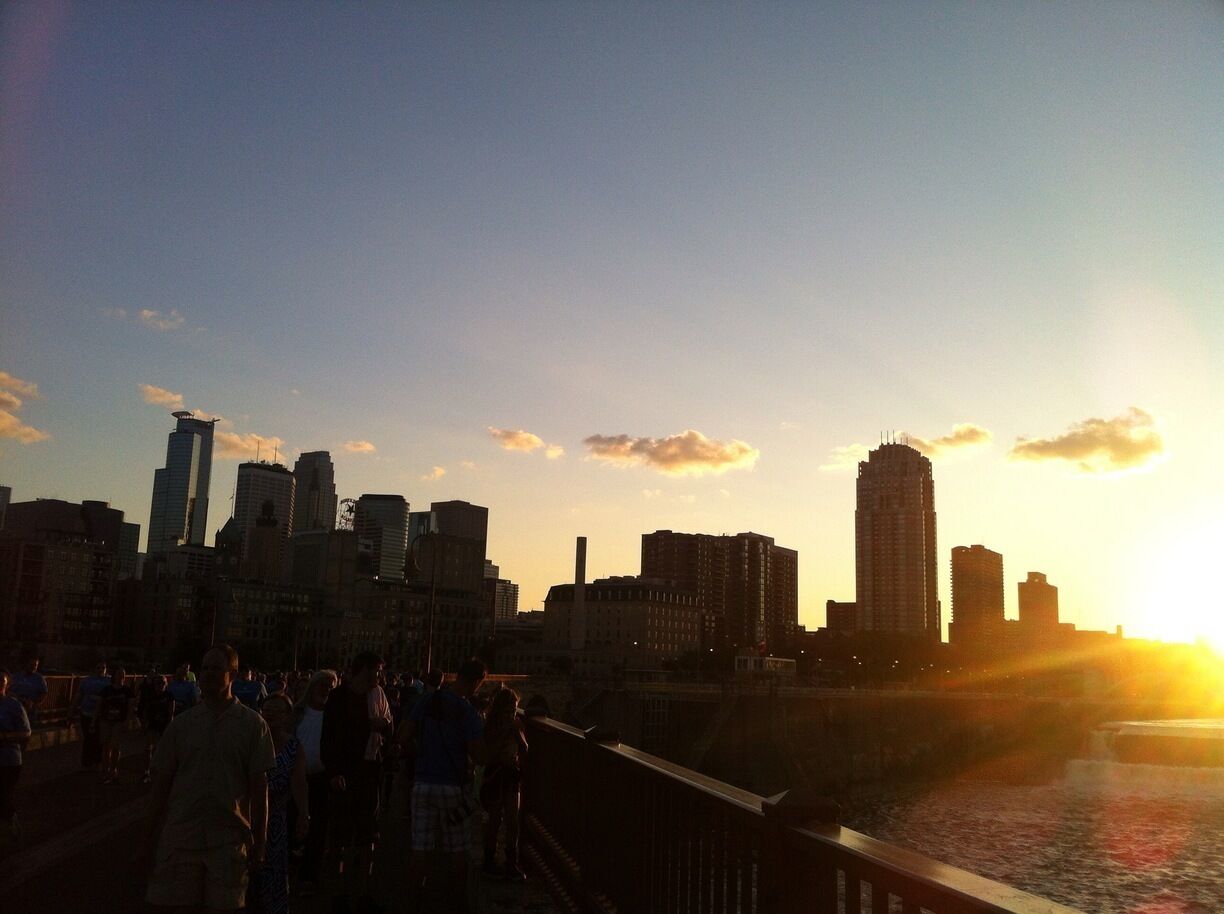 On the way to the finish line across the Stone Arch Bridge