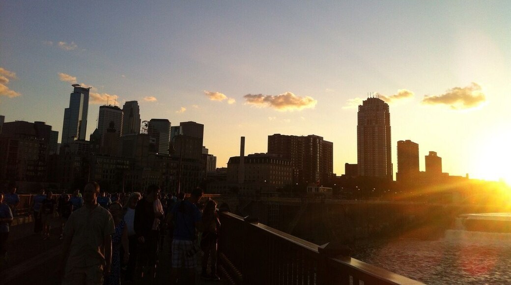 On the way to the finish line across the Stone Arch Bridge