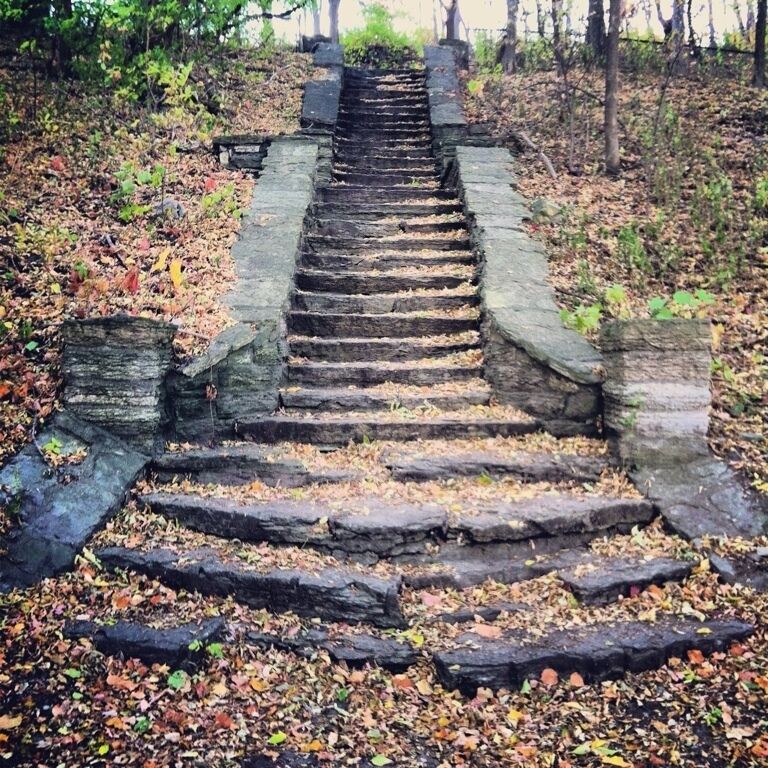 Stairs at Lower Riverside Park along the Mississippi River in Minneapolis. A great open area and a perfect little park for picnics and family get-togethers. Picnic tables and a killer river view of the University of Minnesota and Weismann Art Museum. 