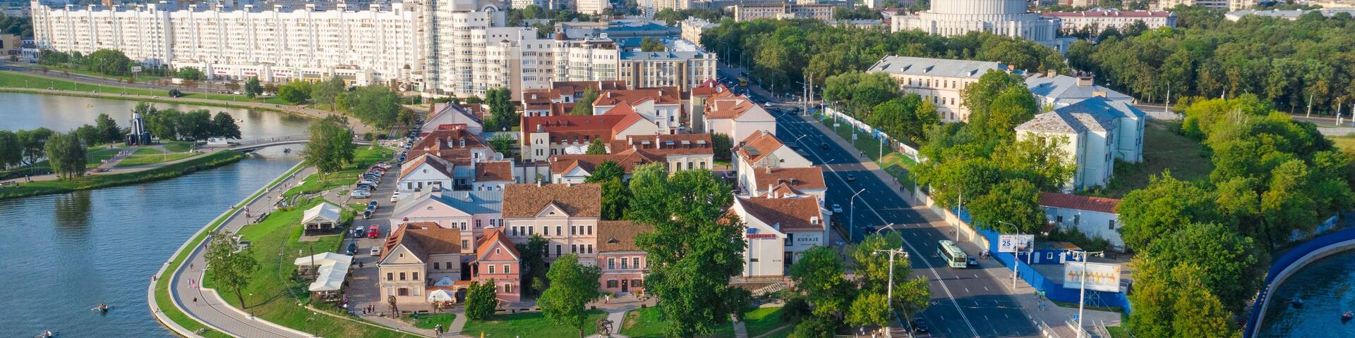 MINSK, BELARUS - JULY 2019: Aerial View, Cityscape Of Minsk, Belarus. Summer Season, Sunset Time. Panorama Of Nemiga District