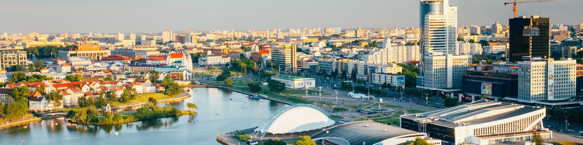 Cityscape of Minsk, Belarus. Summer season, sunset time