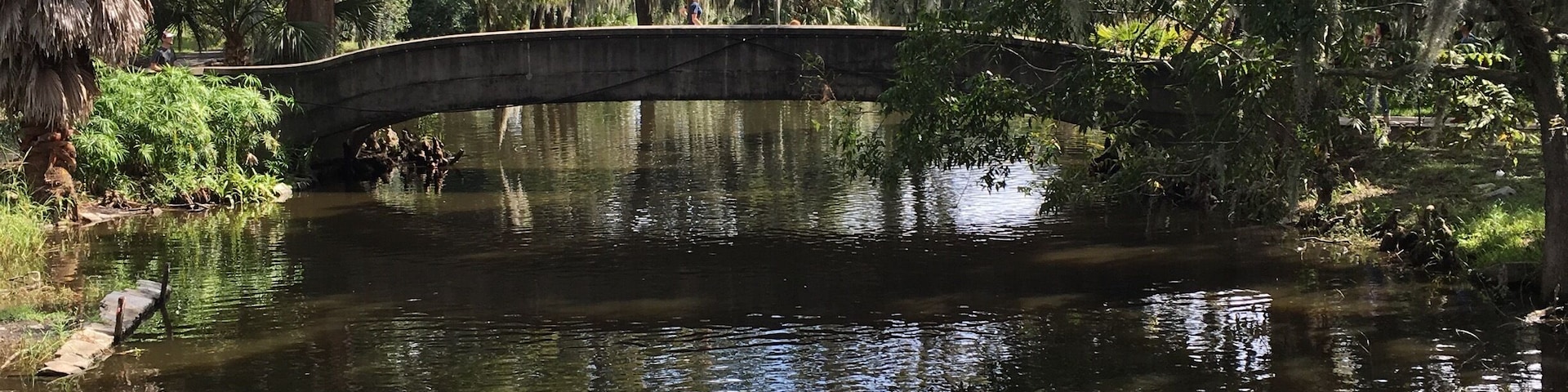 A stone bridge over a calm river surrounded by dense trees and greenery.