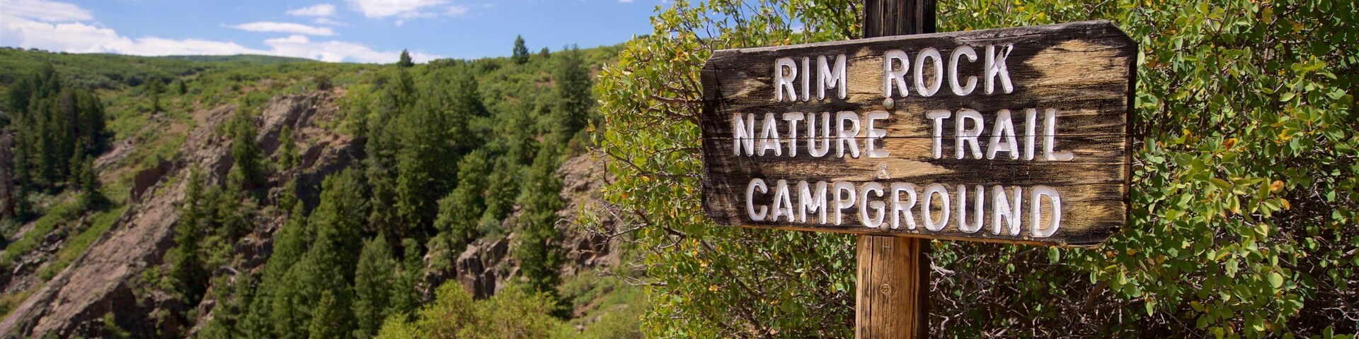 Un panneau en bois indiquant le sentier de randonnée et l’aire de camping de Rim Rock.