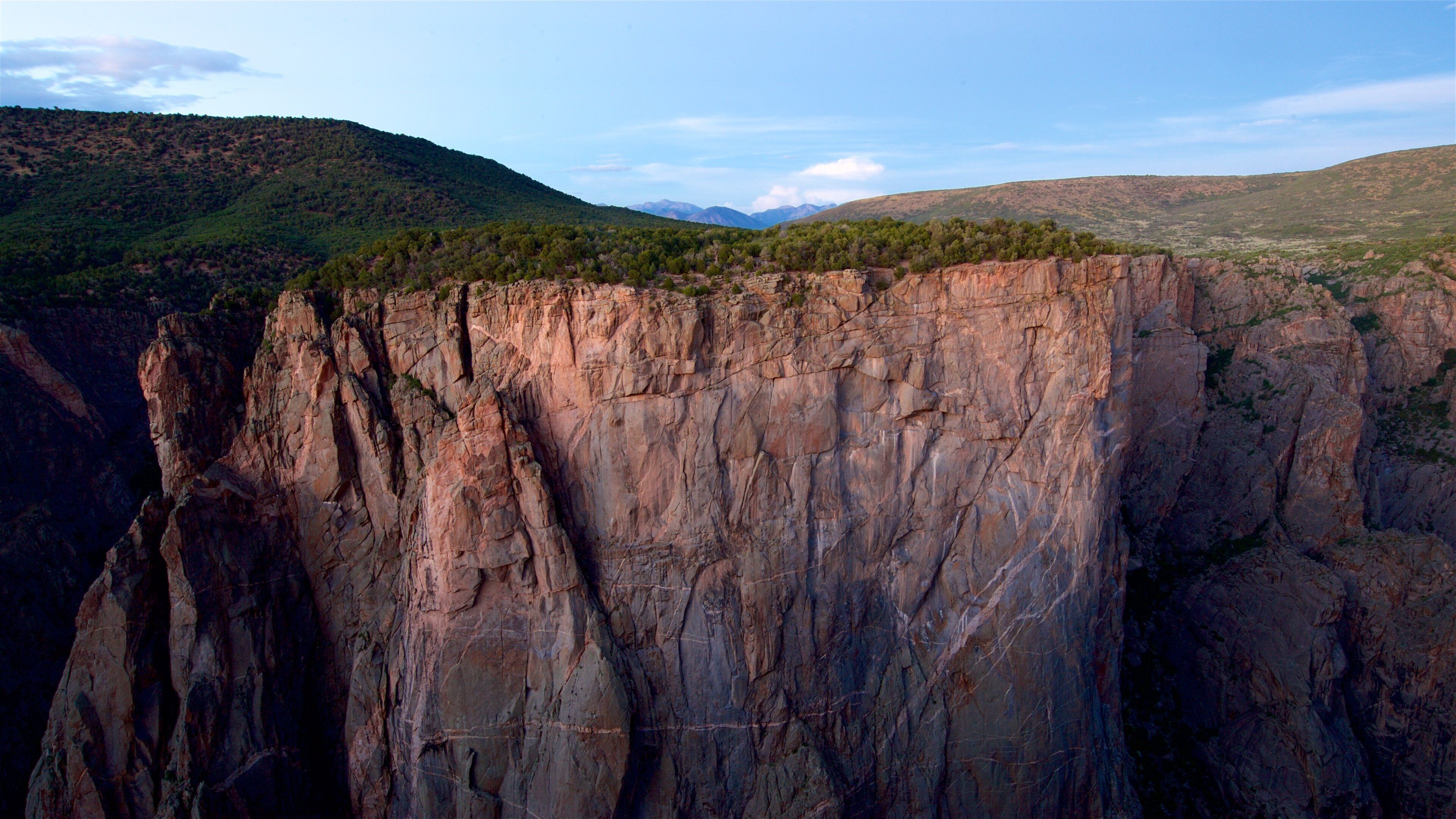 A rugged cliff with a forested hill in the background.