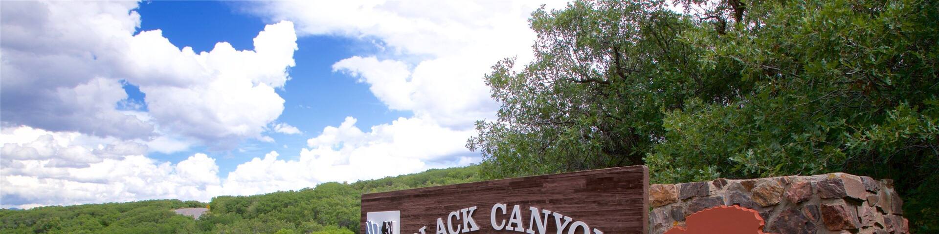 A sign for Black Canyon of the Gunnison National Park with a red car passing by.