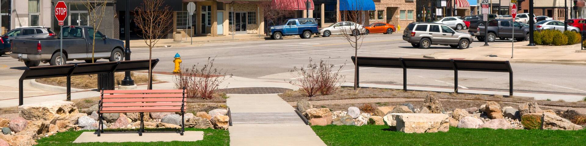 Downtown main street storefronts and park in small town USA midwest Mattoon Illinois