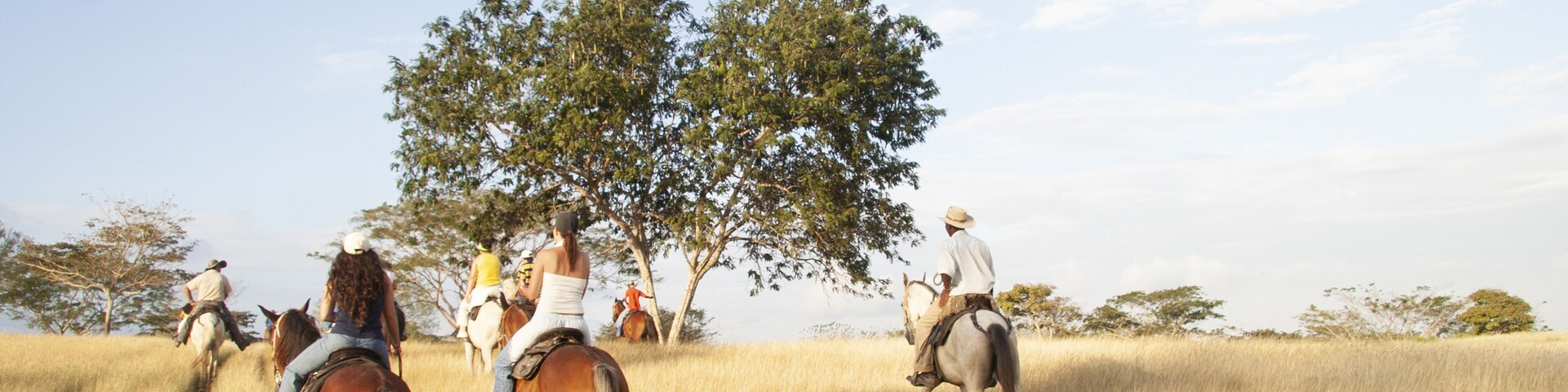Un grupo de personas cabalgando a través de un campo cubierto de hierba, con árboles al fondo.