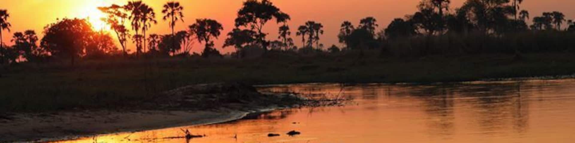 A sunset over a river with trees silhouetted against the sky.