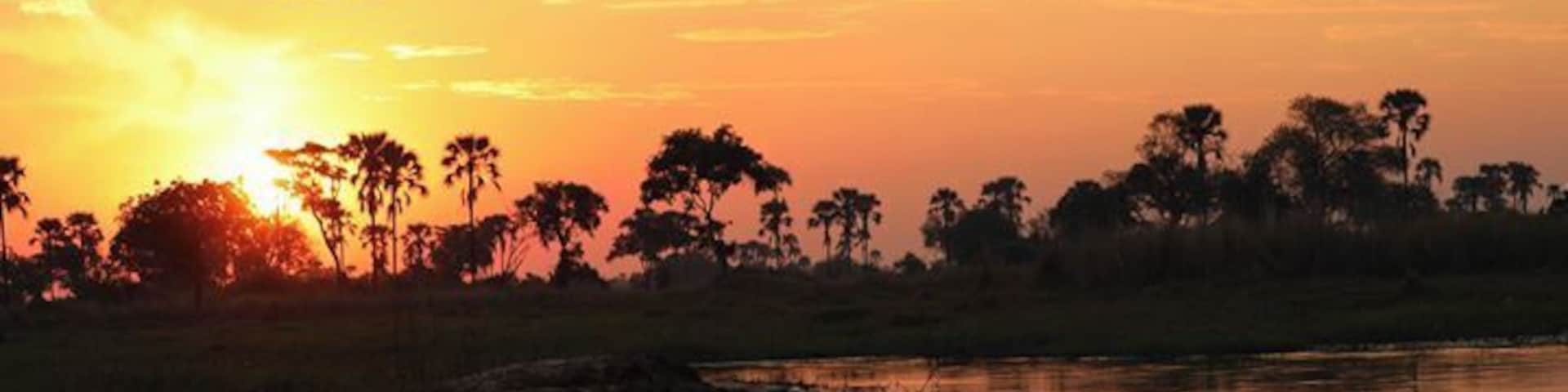 Un atardecer sobre un río, con árboles silueteados contra el cielo.