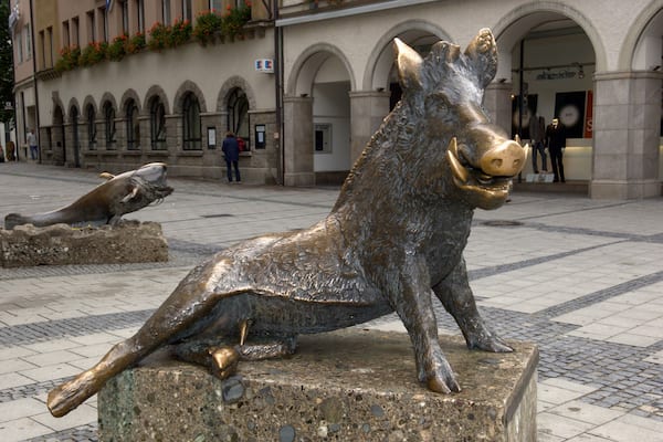 "Sitting wild boar" by sculptor Martin Mayer in Munich. In the area between Marienplatz and Karlsplatz a pig is sitting in front of a church. The sculptures were done for the German Hunting and Fishing Museum. The bronze boar by Martin Mayer has been sitting in front of the museum since 1976.