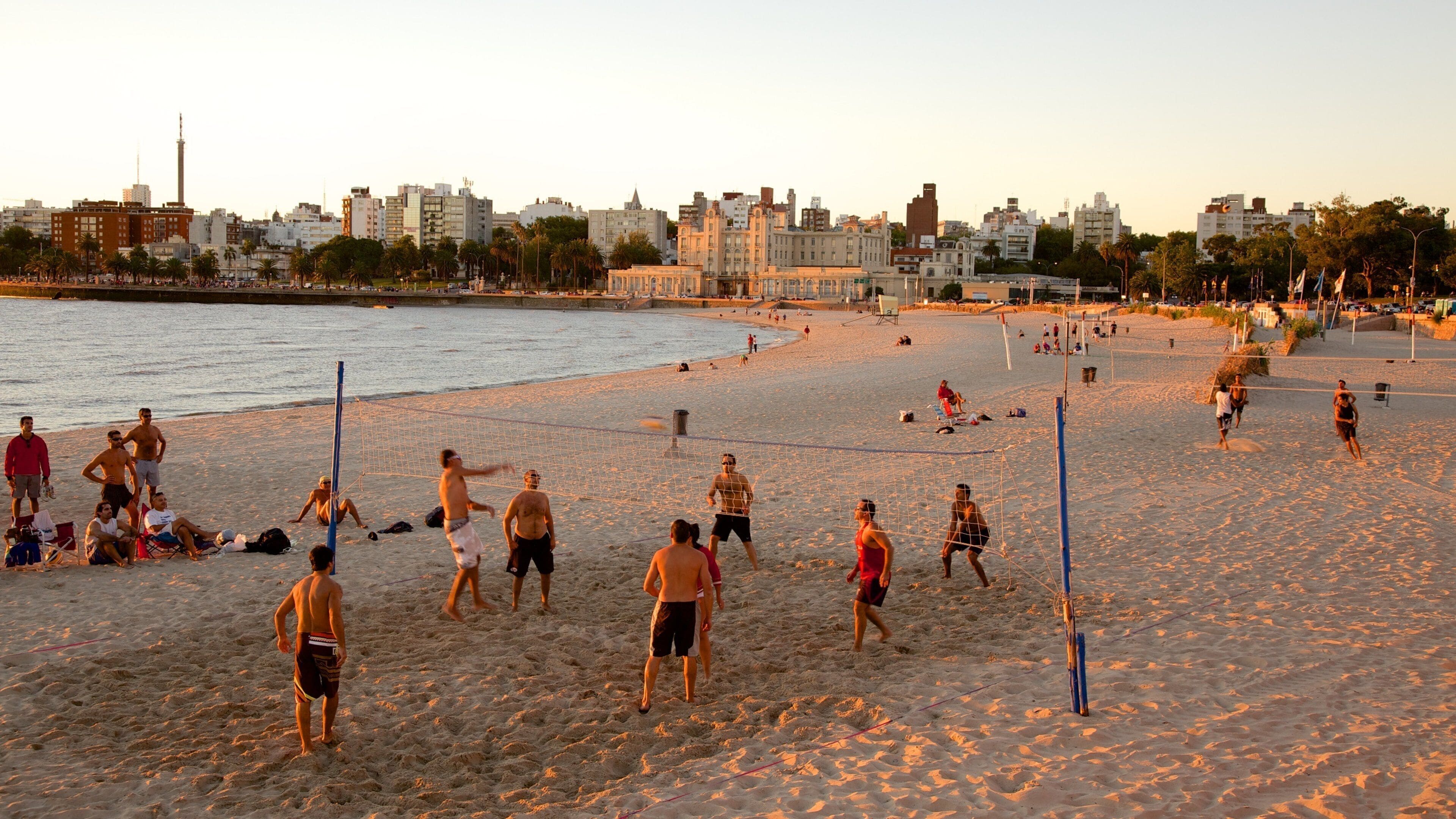 Montevideo featuring a sunset and a sandy beach as well as a large group of people