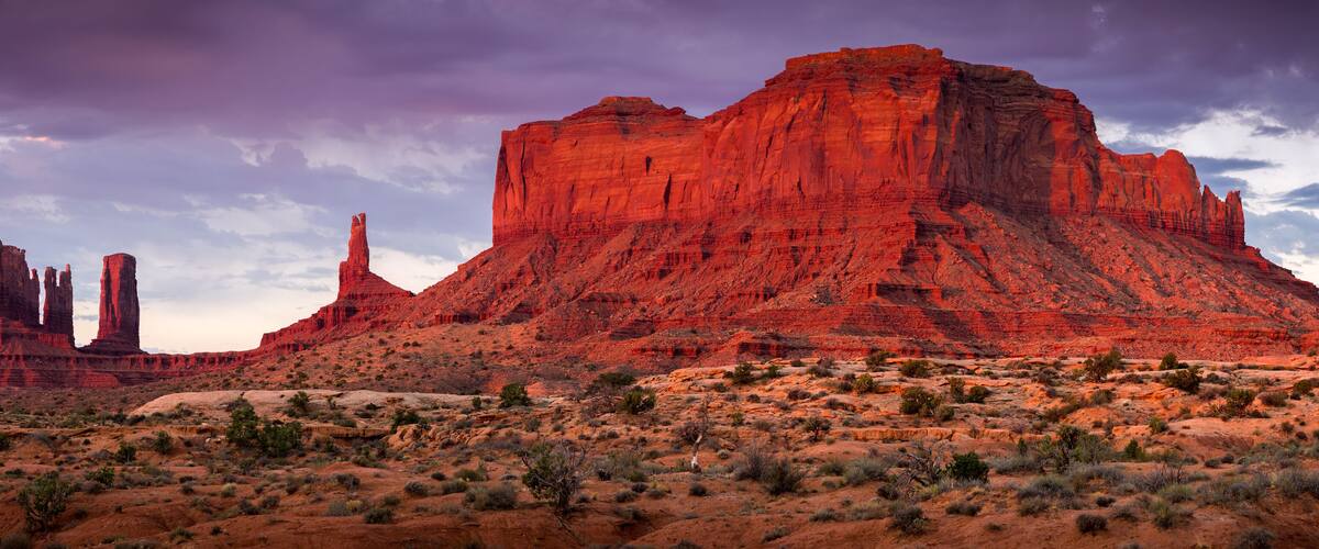 A desert landscape with red rock formations and sparse vegetation.
