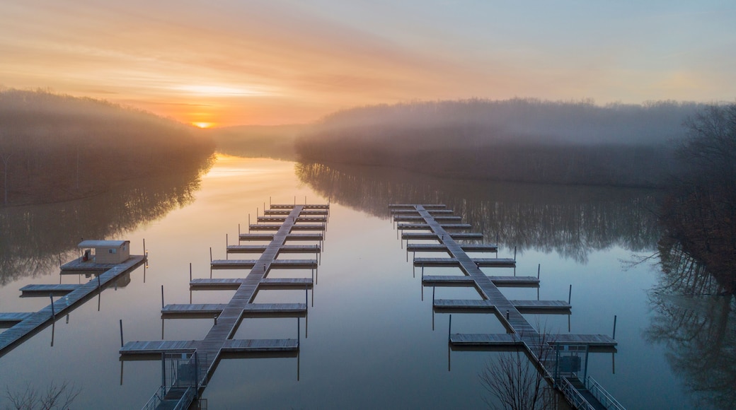 Boat docks at sunrise in fog, Stephen A. Forbes State Park, Marion County, Illinois.