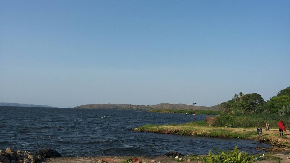 A coastal landscape with a rocky shore, a small stream, and a distant hill.