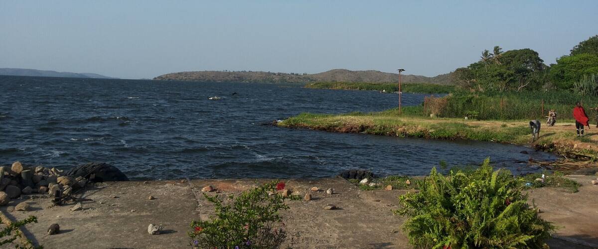A coastal landscape with a rocky shore, a small stream, and a distant hill.