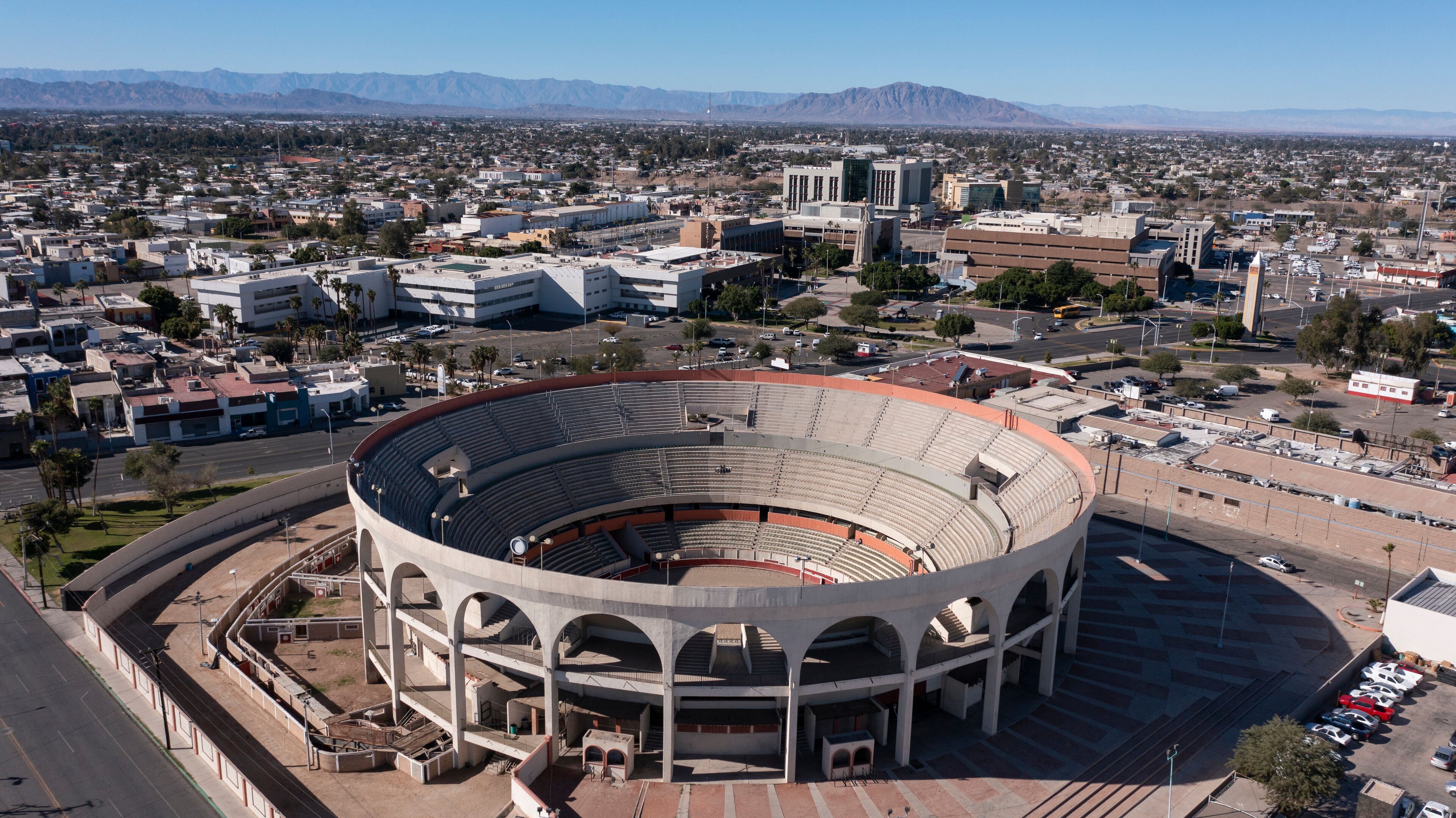 Mexicali, Baja California, Mexico - January 2, 2021: View of the downtown skyline in the urban core of Mexicali, Baja California, USA.