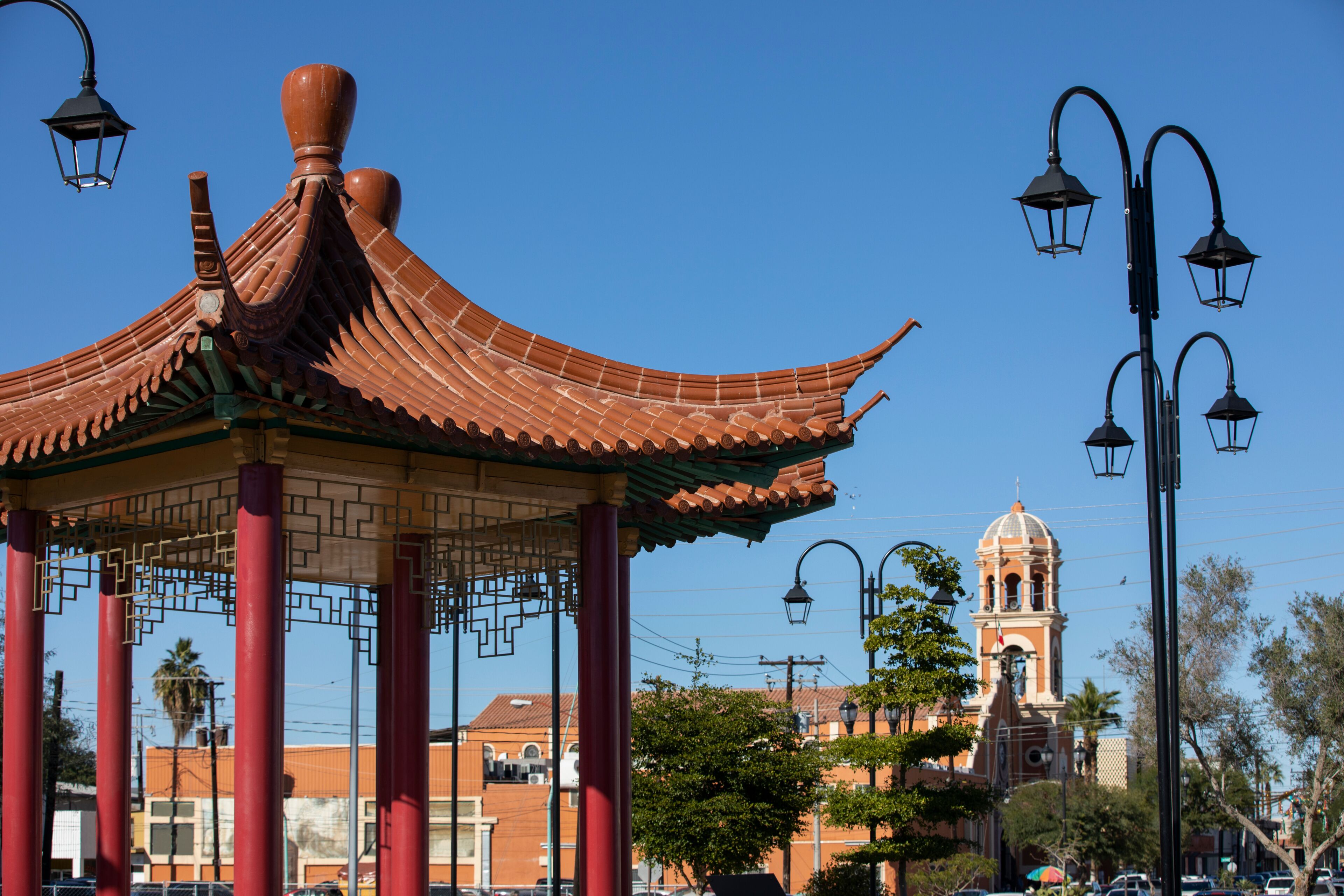 Daytime view of Chinese style architecture in downtown Mexicali, Baja California, Mexico.