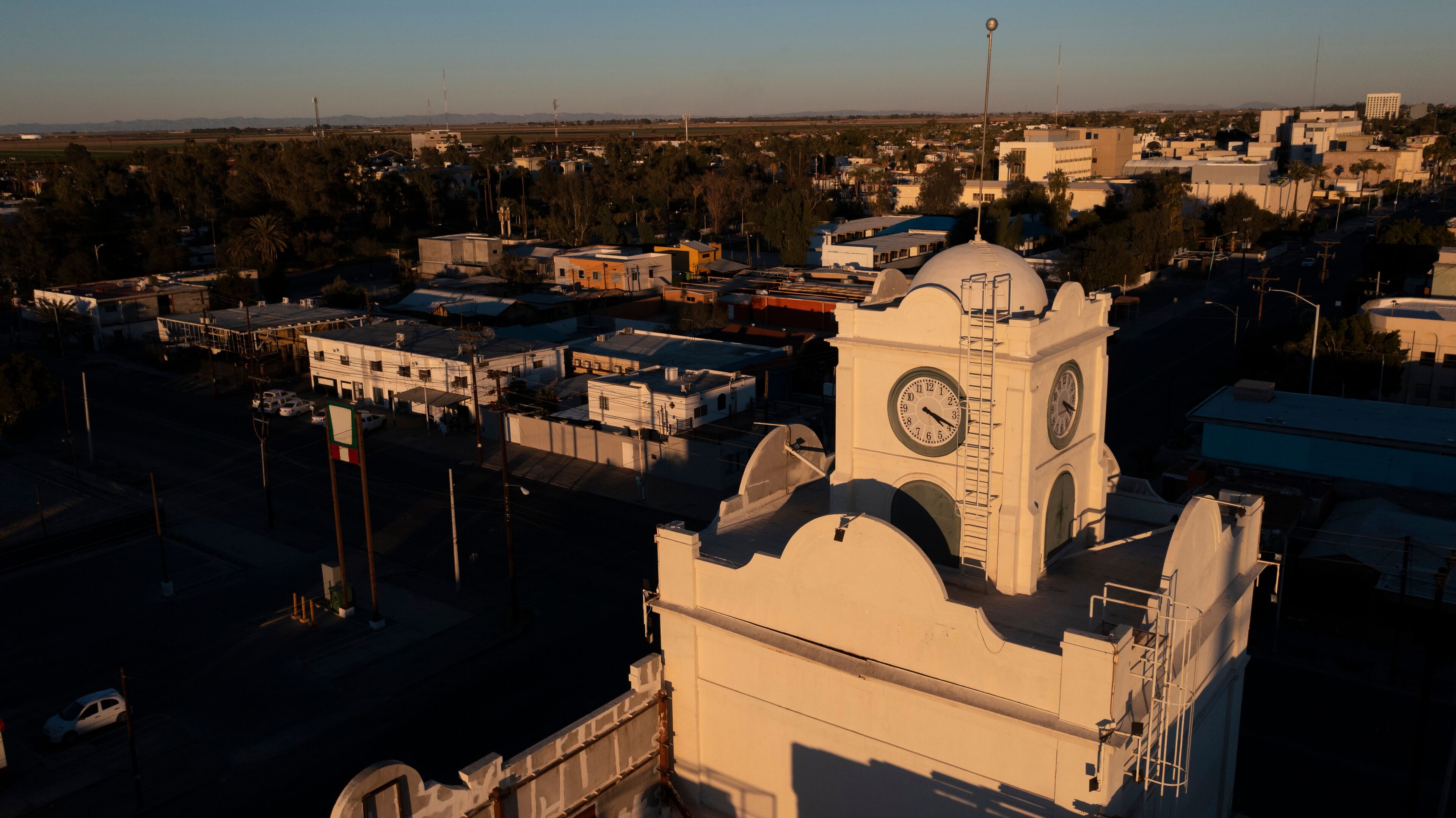 Sunset aerial view of the urban core of downtown Mexicali, Baja California, USA.