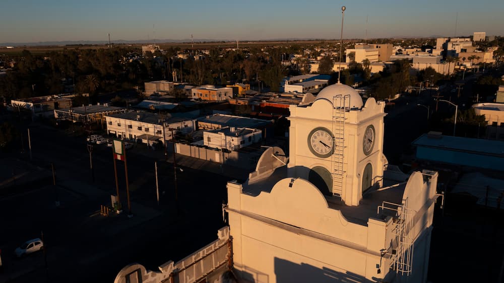 Sunset aerial view of the urban core of downtown Mexicali, Baja California, USA.