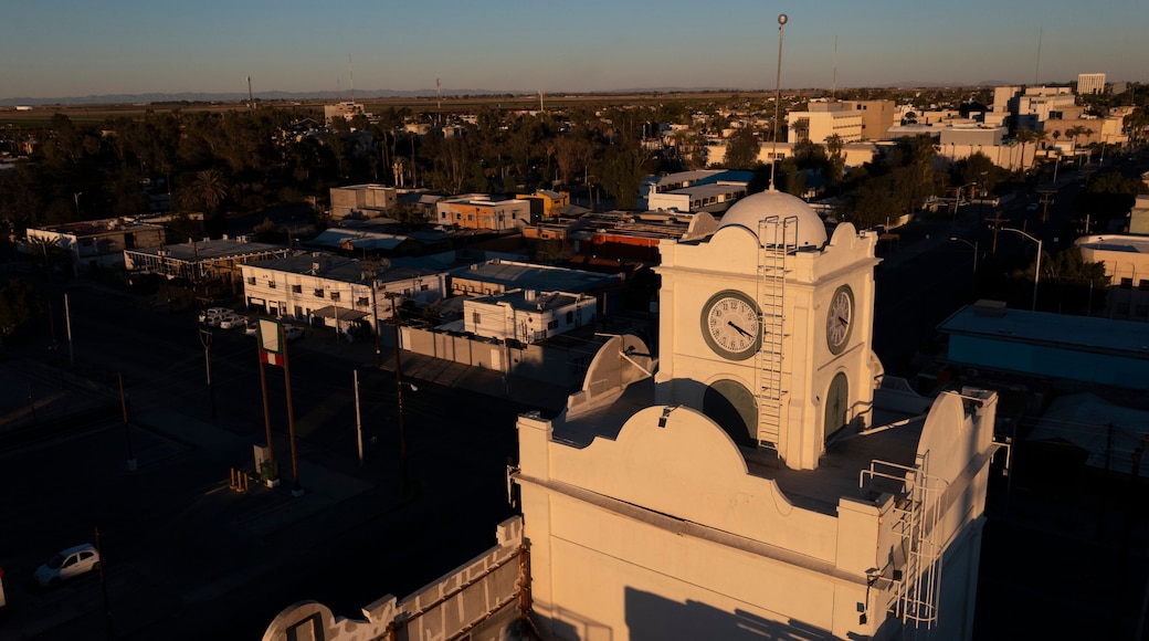 Sunset aerial view of the urban core of downtown Mexicali, Baja California, USA.