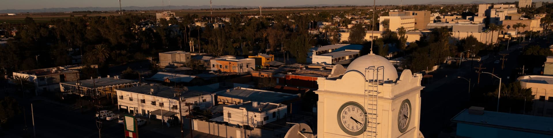 Sunset aerial view of the urban core of downtown Mexicali, Baja California, USA.