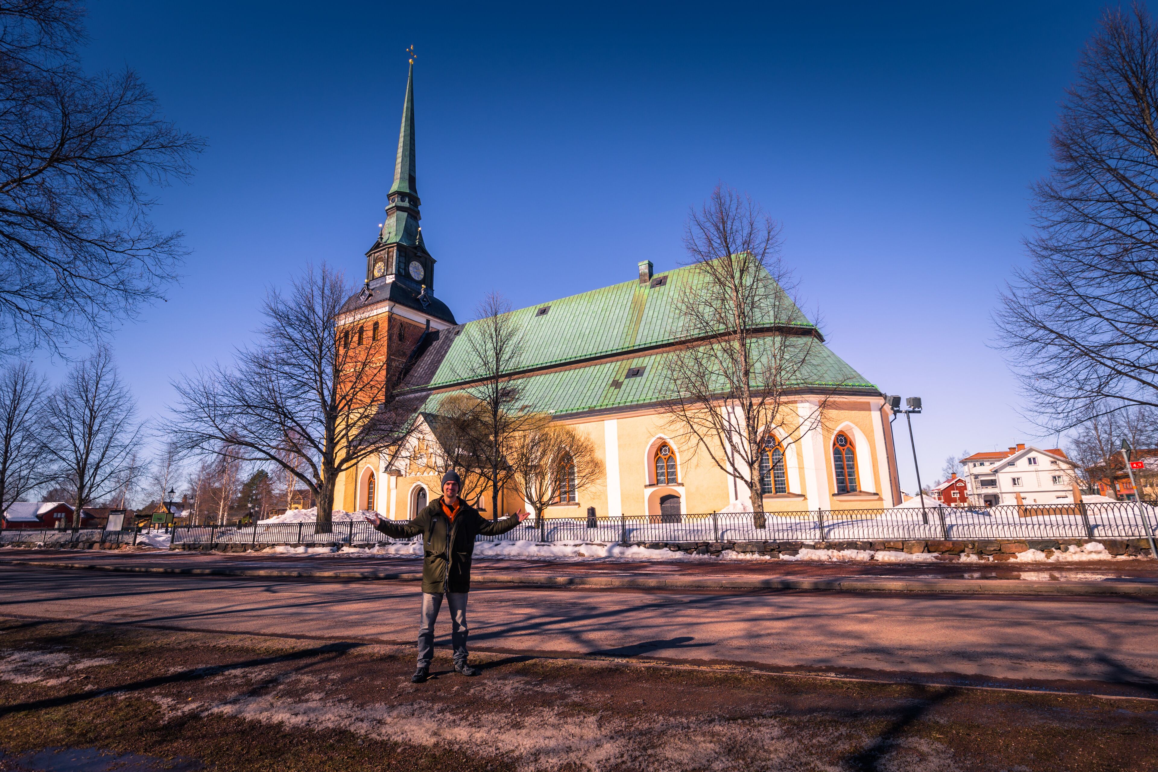 Mora - March 30, 2018: Traveler at the church of the town of Mora in Dalarna, Sweden