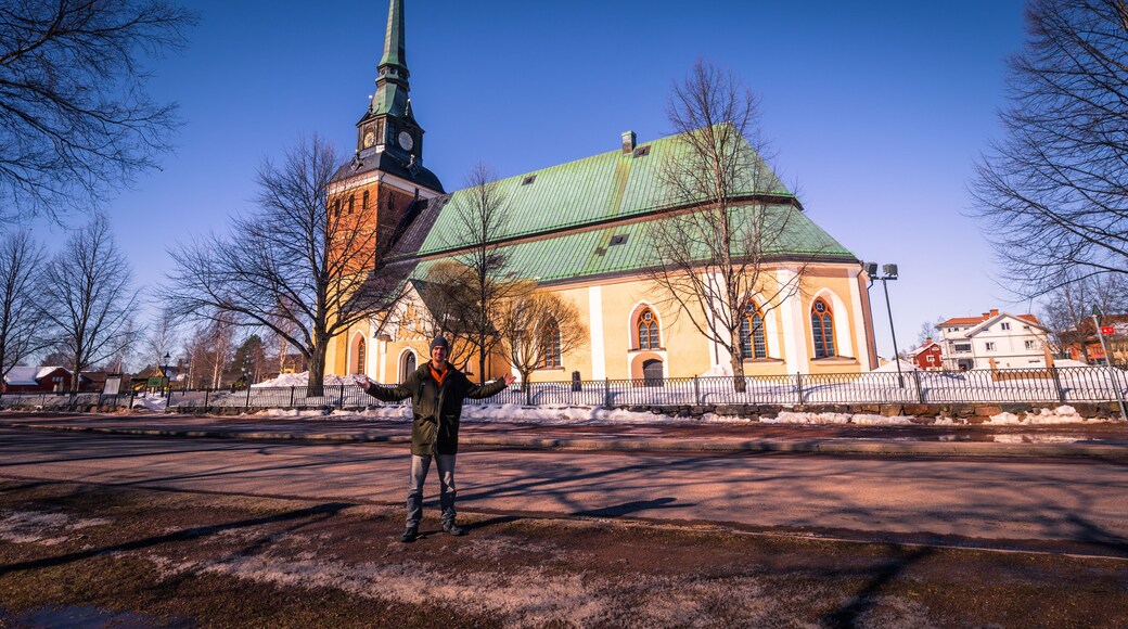 Mora - March 30, 2018: Traveler at the church of the town of Mora in Dalarna, Sweden