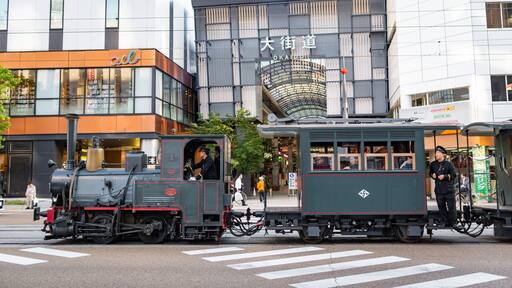 Matsuyama featuring street scenes, heritage elements and railway items