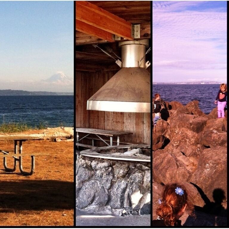 We day-tripped over to Blake Island en route to Bainbridge in a powerboat.  I intend to go back with my tent.  Great views of Mt Rainier from beachfront campsites on clear days.  Very cool group cook-out huts that appeared reservable.  Decent play structure entertained the kids.