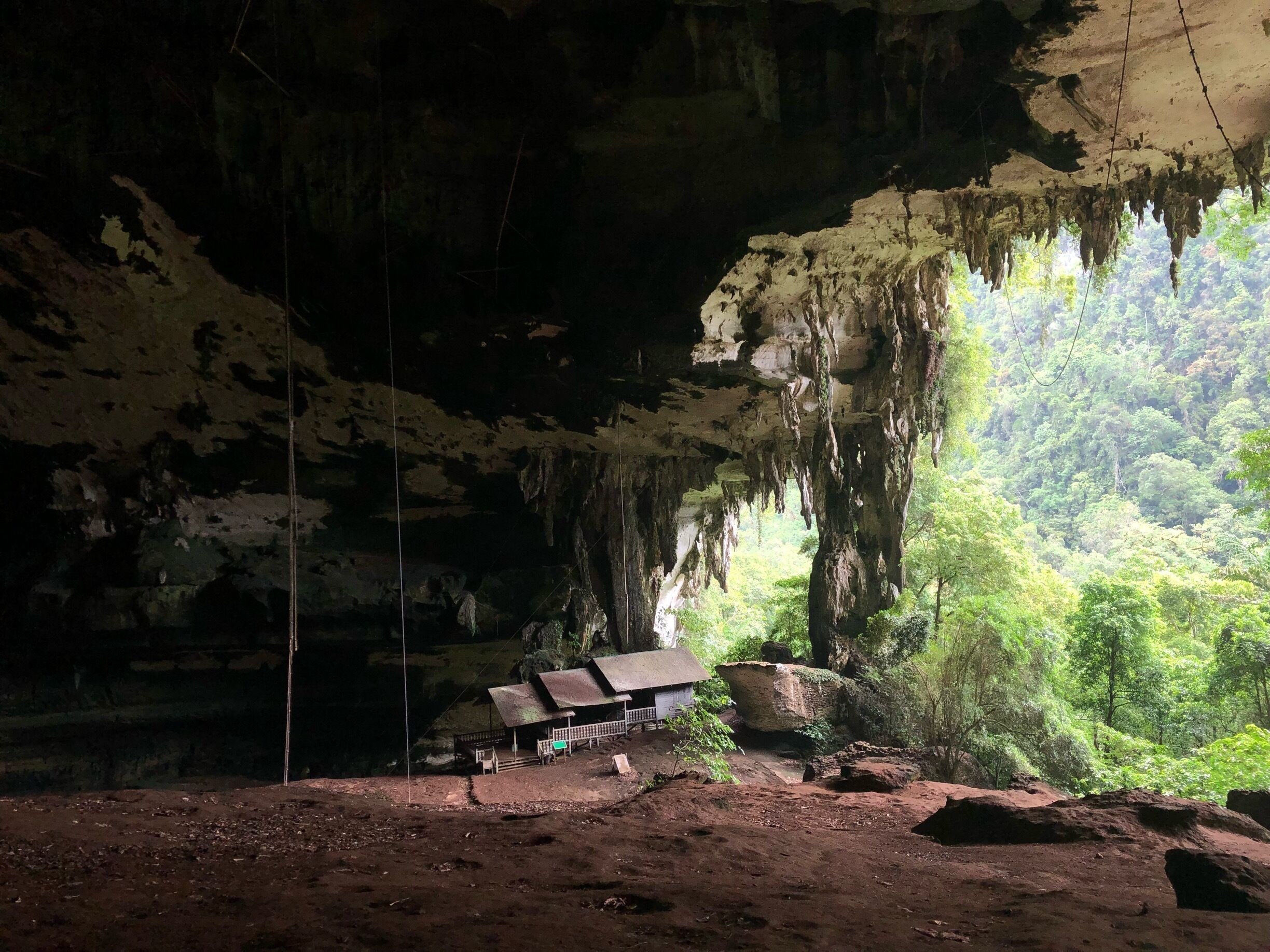 A cave with hanging stalactites and a small shelter with a thatched roof.