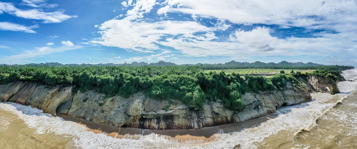 A coastal cliff with a beach, waves, and a distant forested landscape.