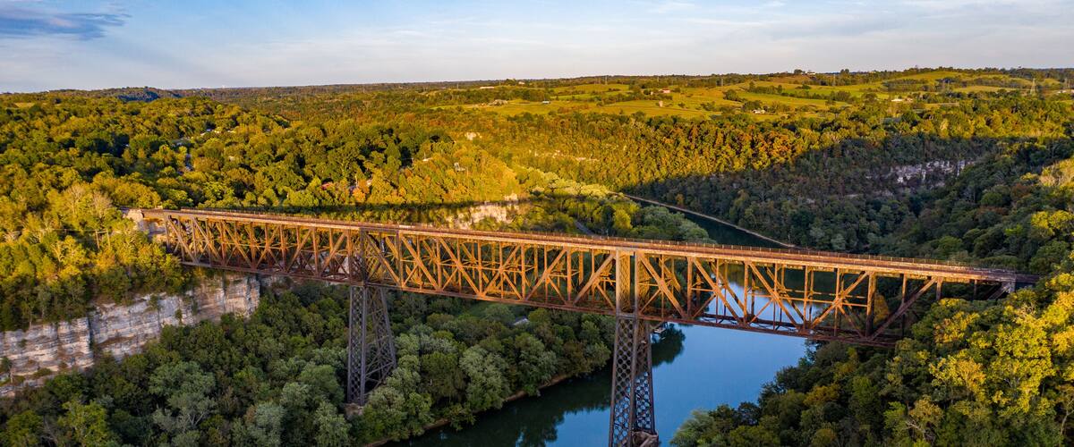 A steel bridge spanning a river, surrounded by dense forest and hills.