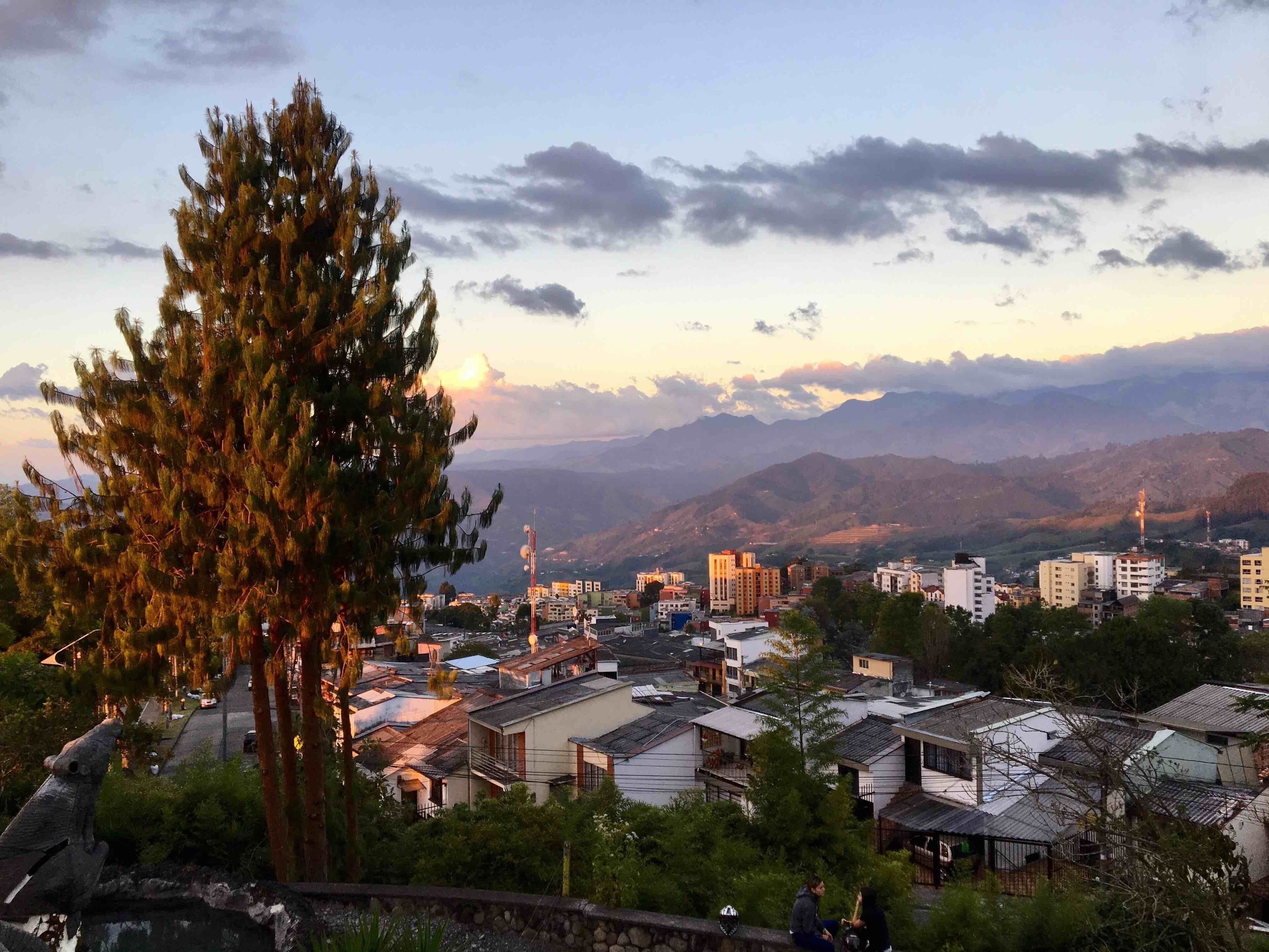A town with buildings, a prominent tree, and mountains in the background.