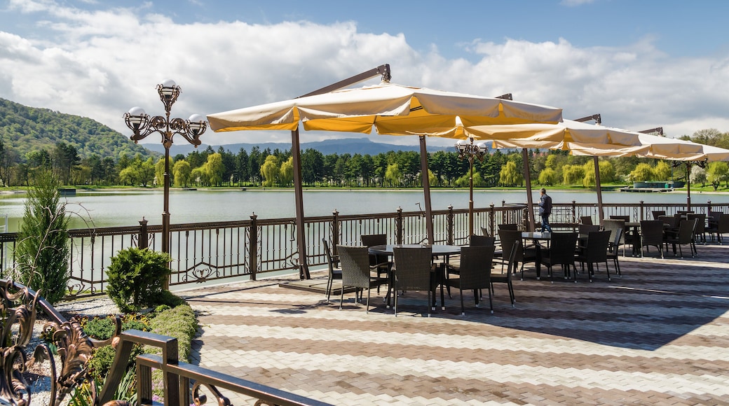 Sunny panoramic view of lake in Nalchik, Kabardino-Balkaria, Russian Federation.
