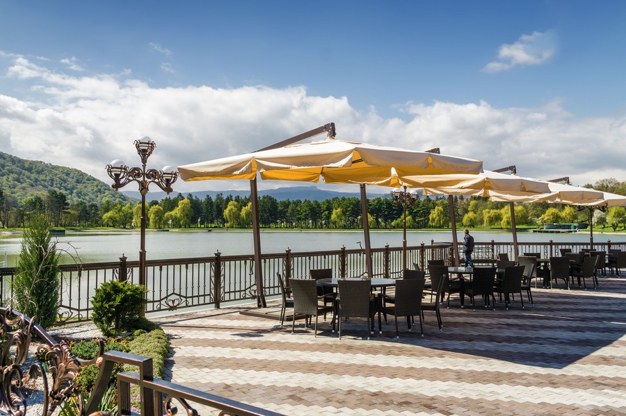 Sunny panoramic view of lake in Nalchik, Kabardino-Balkaria, Russian Federation.