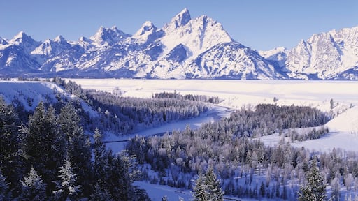 Jackson Hole som omfatter udsigt over landskaber, bjerge og sne
