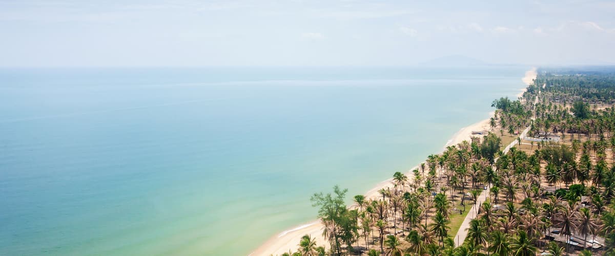 A coastal landscape with a beach, palm trees, and a distant shoreline.