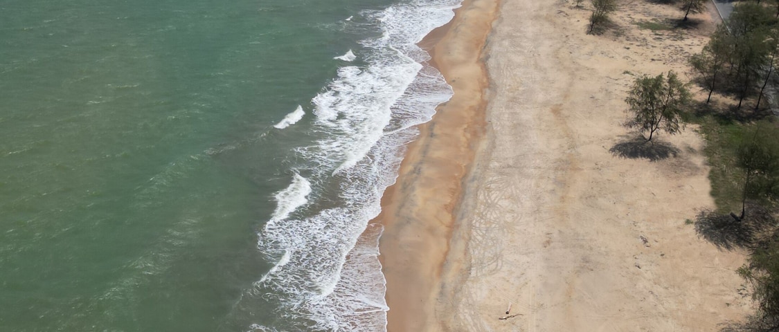 Un paisaje costero con una playa arenosa, olas del océano y un área boscosa con montañas al fondo.