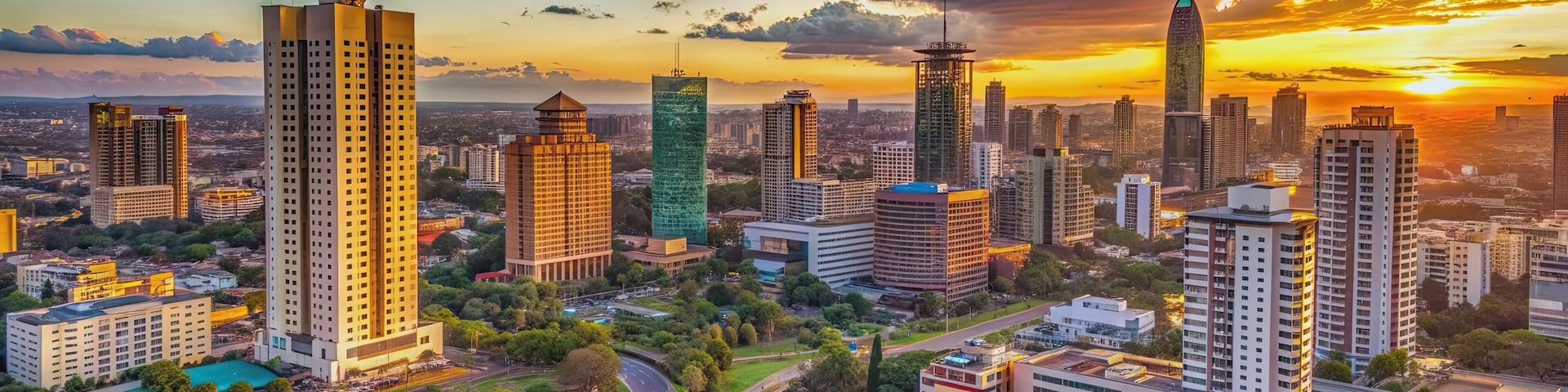 Dynamic Nairobi skyline at sunset with modern skyscrapers and busy traffic below, urban, cityscape, Nairobi, Kenya