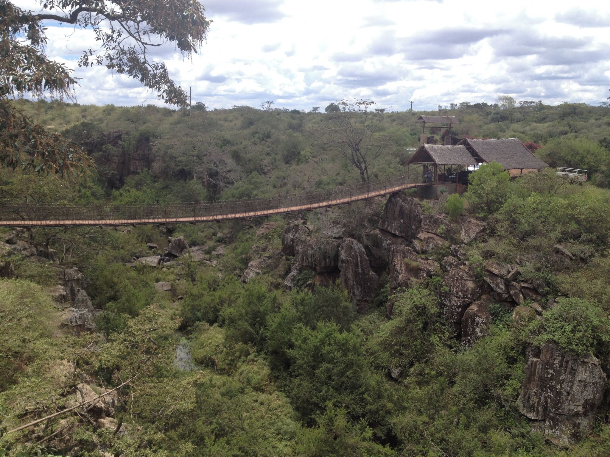 Rolf's Place is a great restaurant in Nairobi.  In order to get from the parking lot to the restaurant you have to cross a rope bridge that is suspended over Kitengela gorge!