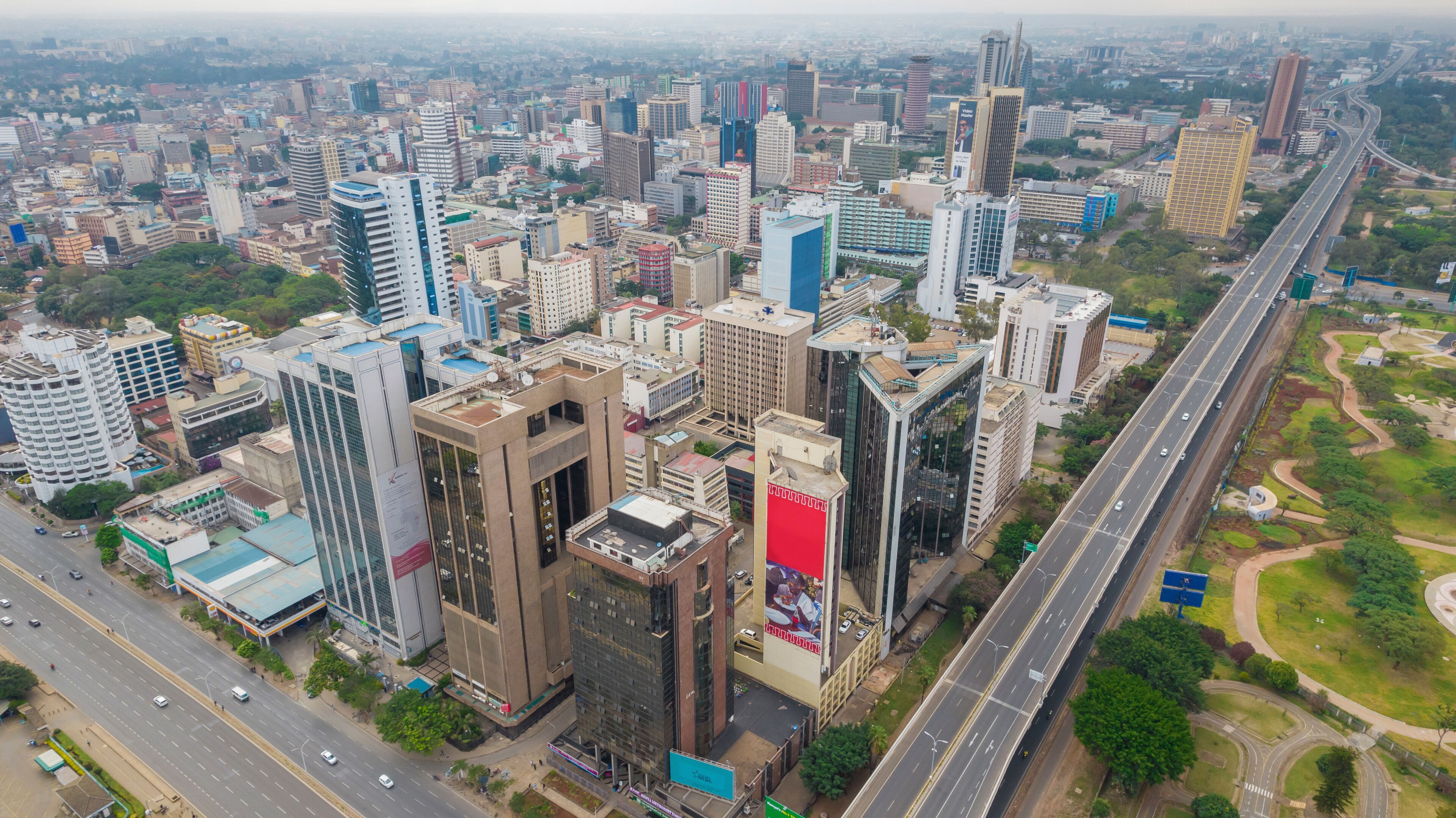 Aerial view of modern city skyline, Nairobi city, Africa.