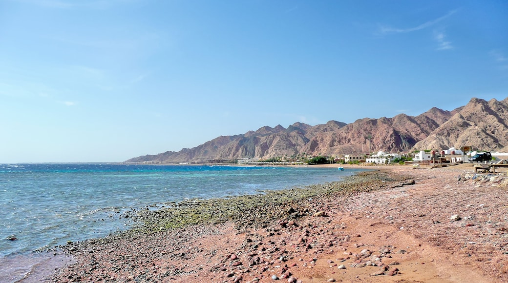 Coastal landscape north of Dahab, Sinai, Egypt, looking south — sunlit shoreline with distant buildings and the rugged mountain range rising beyond the Red Sea
